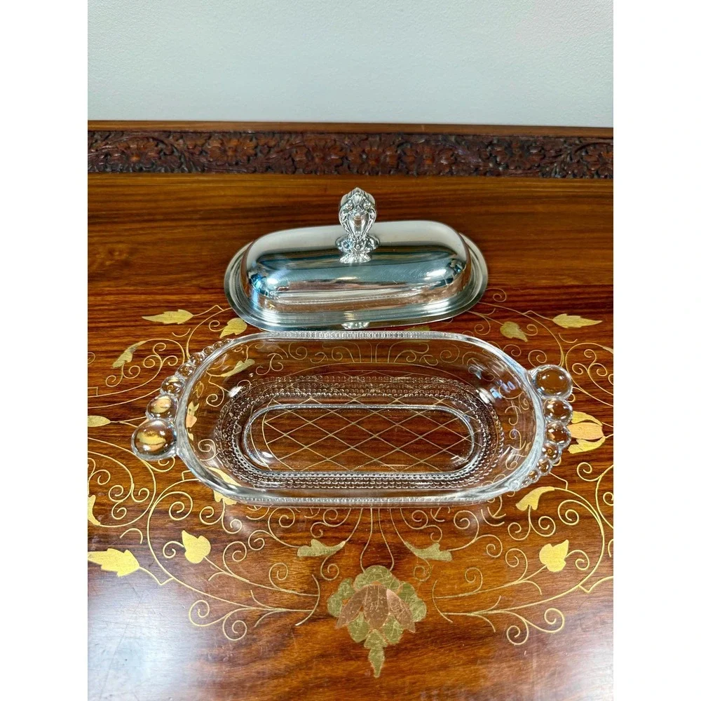 Vintage 1847 Rogers Bros Butter Dish •‎ Silverplate Lid & Pressed Glass Base